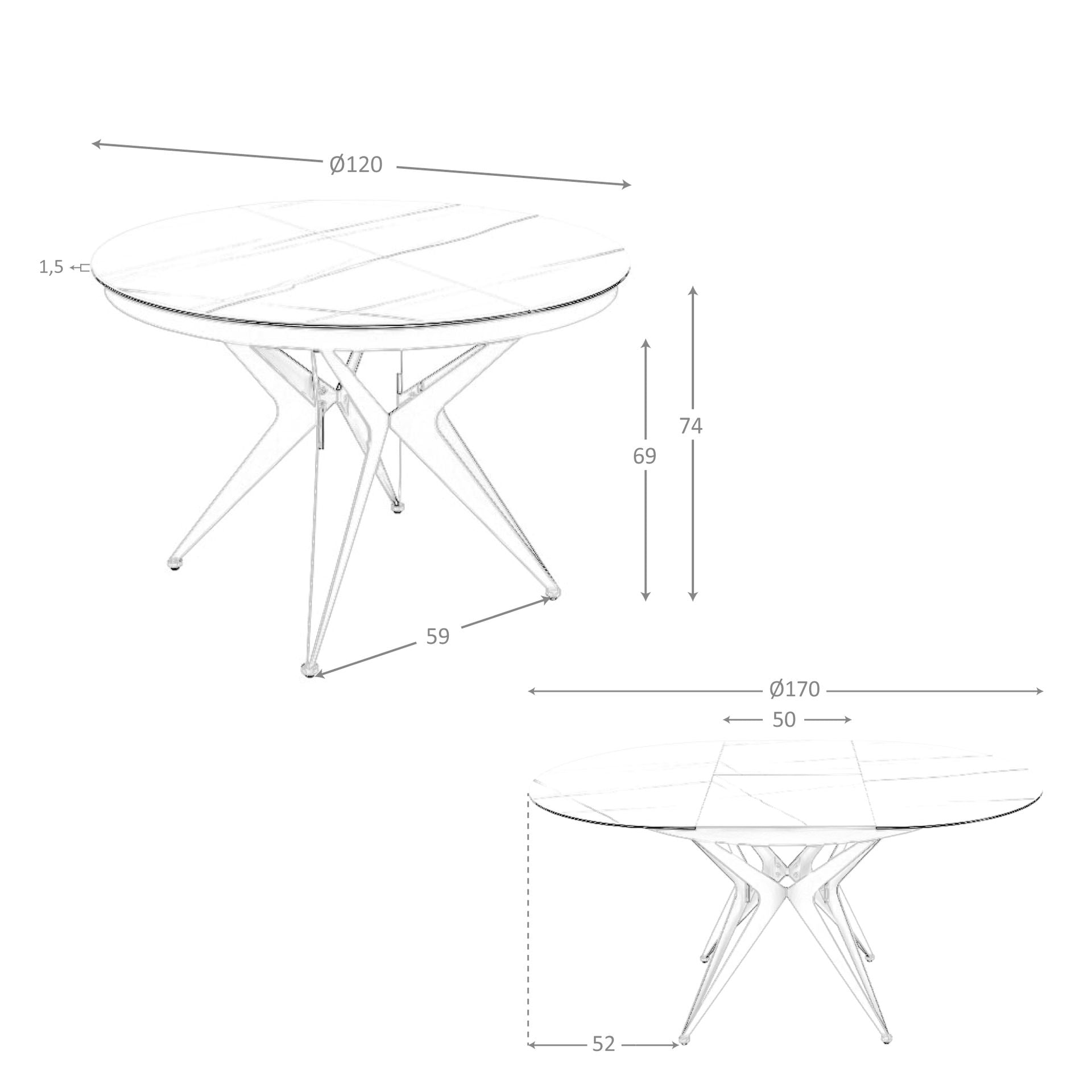 Tavolo da pranzo rotondo allungabile in marmo porcellanato e acciaio grigio