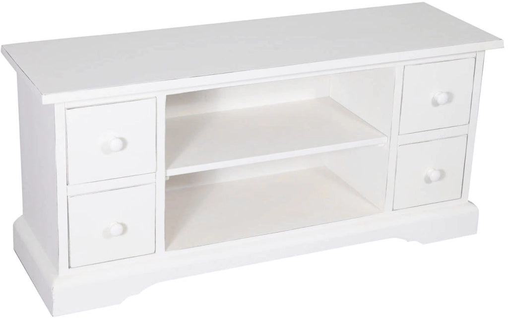 Biscottini Mobile porta Tv Country in legno massello di tiglio finitura bianca anticata L129xPR40xH60 cm. Made in Italy