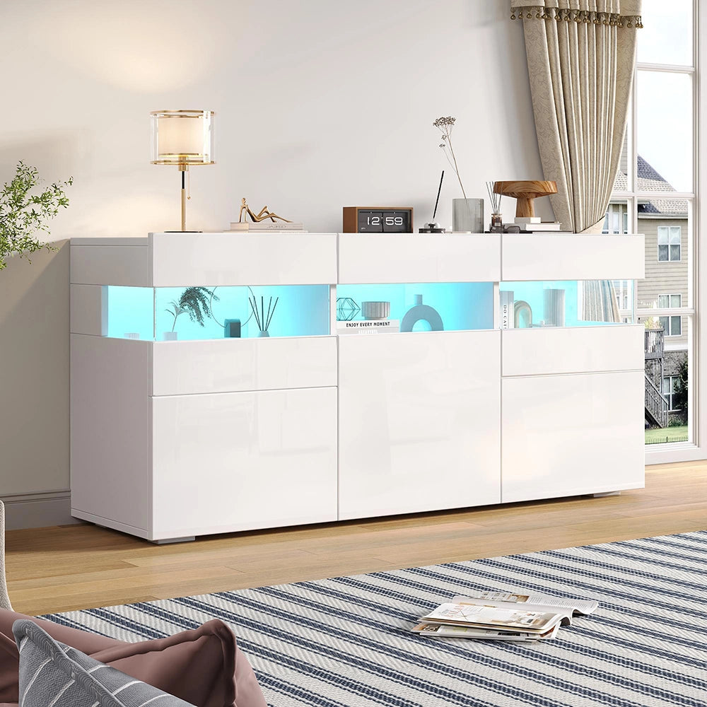 Credenza Soggiorno 140x40.5x66.5cm - Xylo - 3 Ante Lucide con LED, 7 Scomparti, Bianco