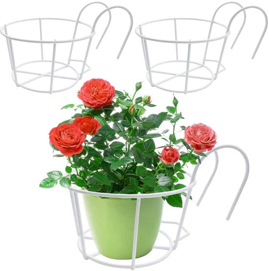 Set di 3 vasi da fiori appesi, vasi da fiori rotondi per balcone, vasi di metallo rotondi per piante per la ringhiera, vaso da fiori, attrezzo da fiori per appesi per casa, balcone, giardino, ringhiera e cancello (bianco)