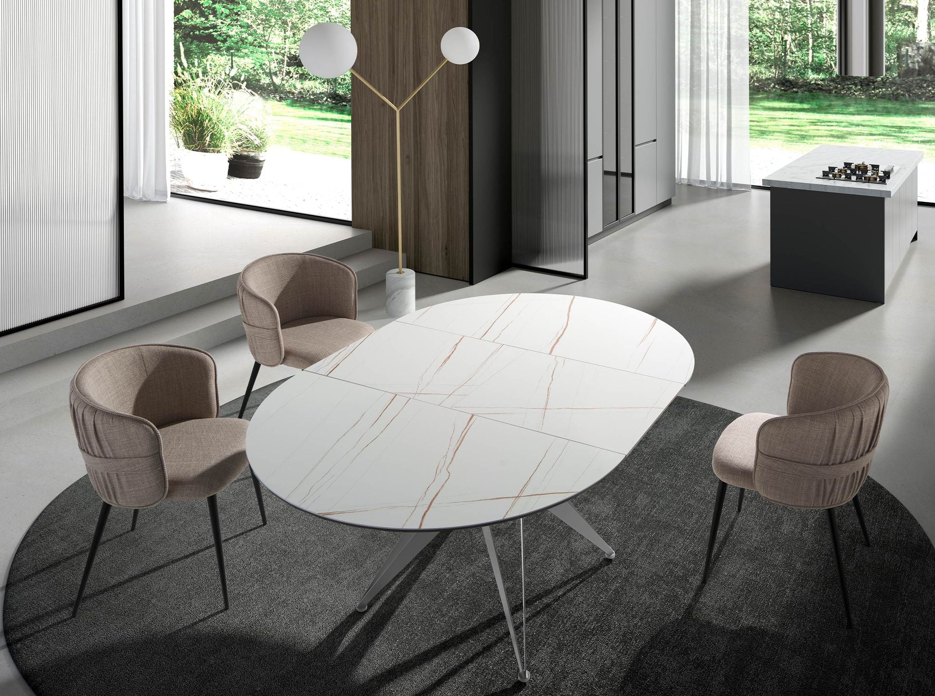Tavolo da pranzo rotondo allungabile in marmo porcellanato e acciaio grigio