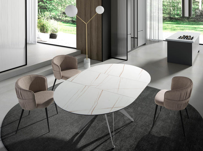Tavolo da pranzo rotondo allungabile in marmo porcellanato e acciaio grigio