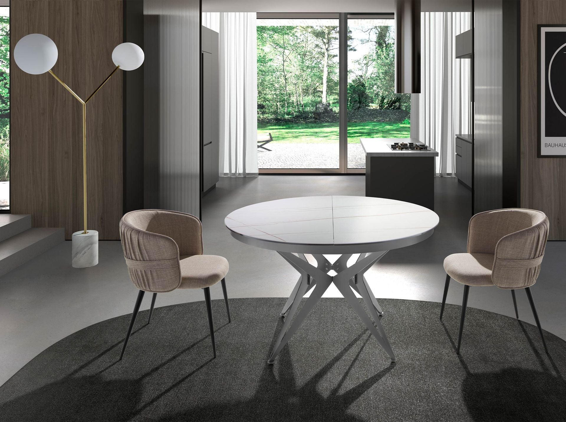 Tavolo da pranzo rotondo allungabile in marmo porcellanato e acciaio grigio