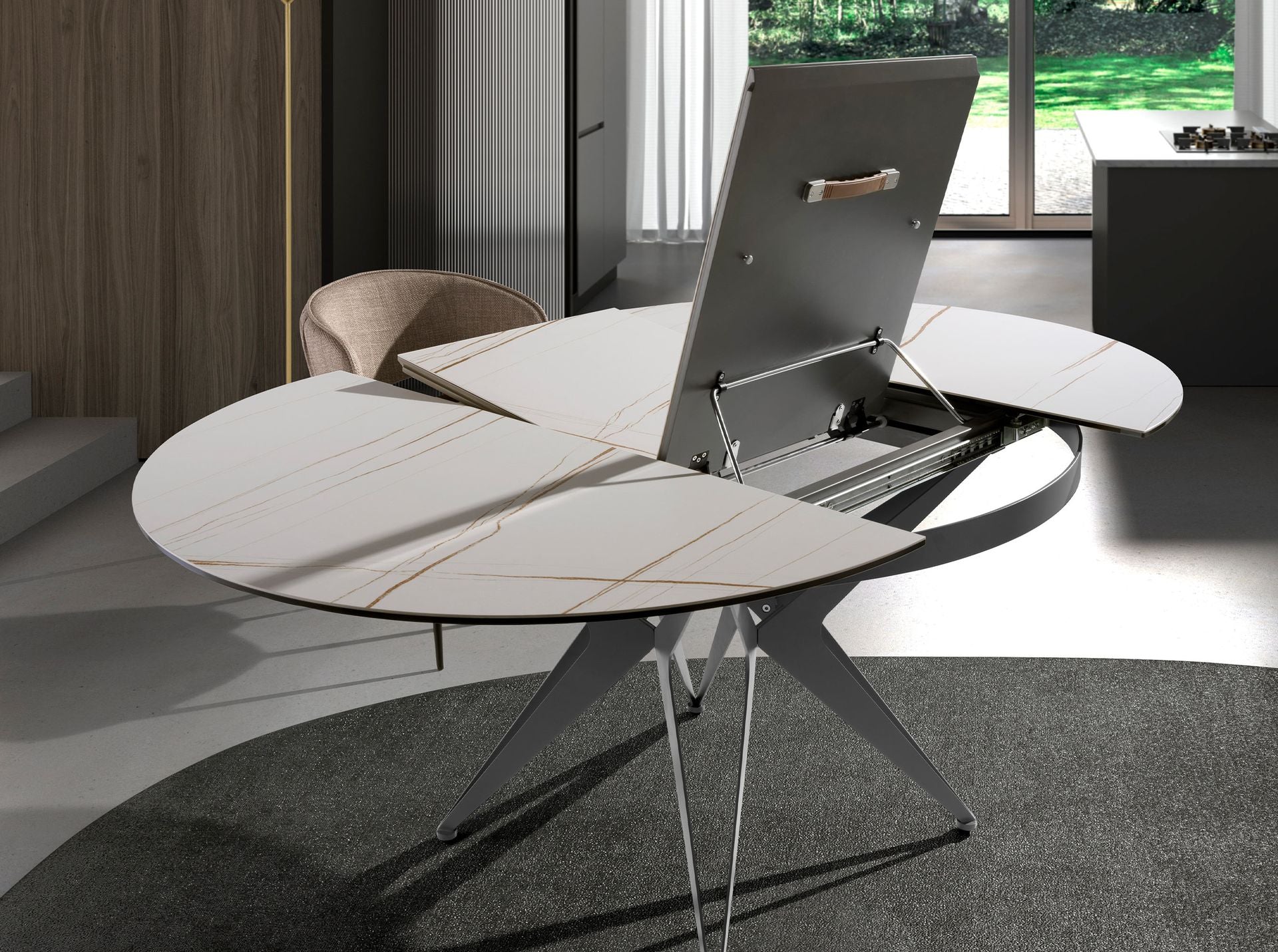 Tavolo da pranzo rotondo allungabile in marmo porcellanato e acciaio grigio