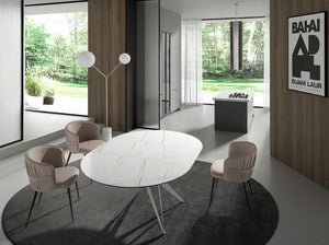 Tavolo da pranzo rotondo allungabile in marmo porcellanato e acciaio grigio