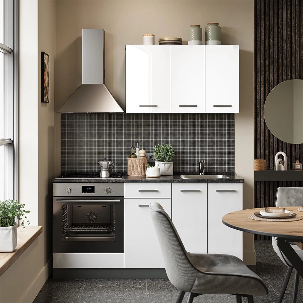 Cucina completa R-Line, Bianco lucido/antracite, 160 cm con base forno e lavello con PT