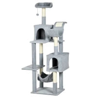 Albero per Gatti con Amaca, Lettino e 2 Casette, in Truciolato e Peluche, 55x49x177 cm, Grigio e Bianco