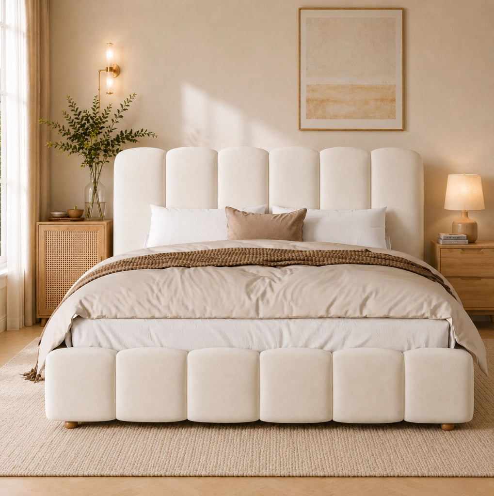 Letto matrimoniale imbottito con contenitore idraulico 140 x 190 cm in velluto beige