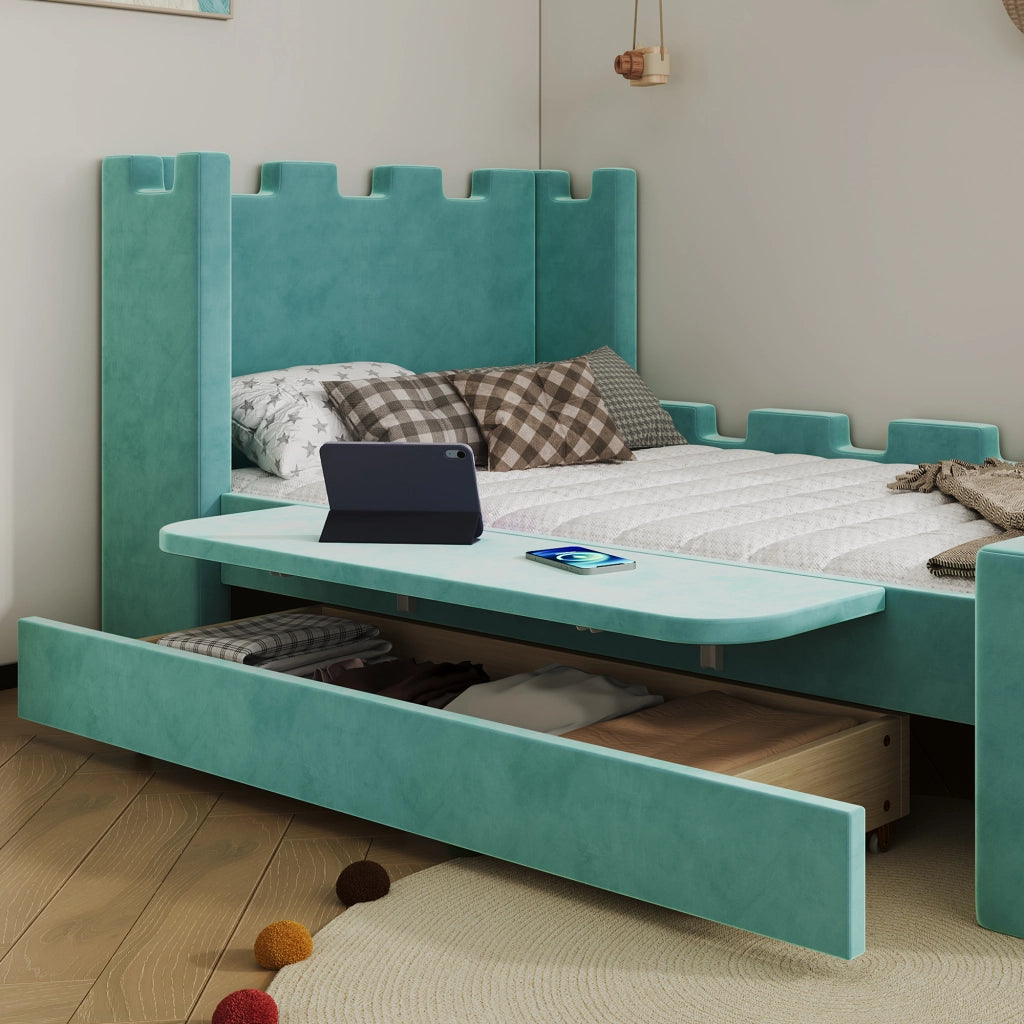 Letto con cassetti 90 × 200 cm con ripiano laterale pieghevole rivestito in velluto francese blu verde