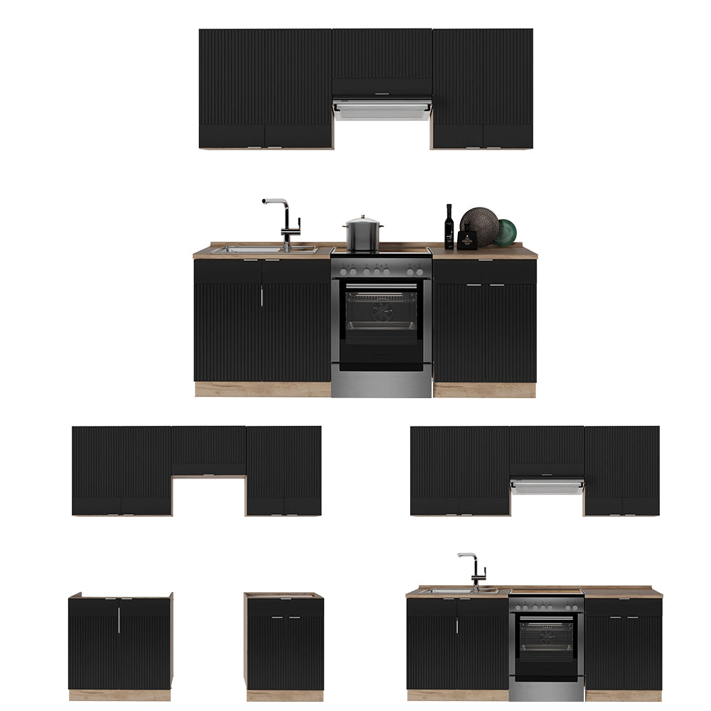Cucina componibile Fame-Line Nero rigato/Rovere dorato 200 cm, PL Rovere Vicco