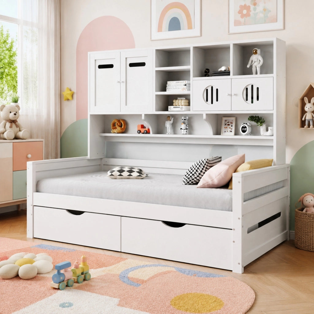 Letto singolo 90x200 in legno bianco con cassetti, armadietti e ripiani