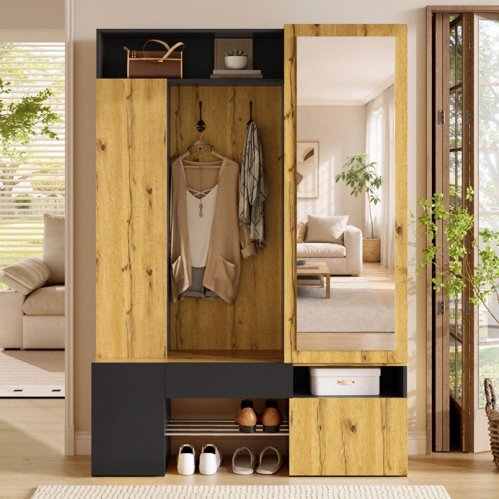 Guardaroba in MDF con specchio, scarpiera, mobile ingresso, appendiabiti con asta e ganci