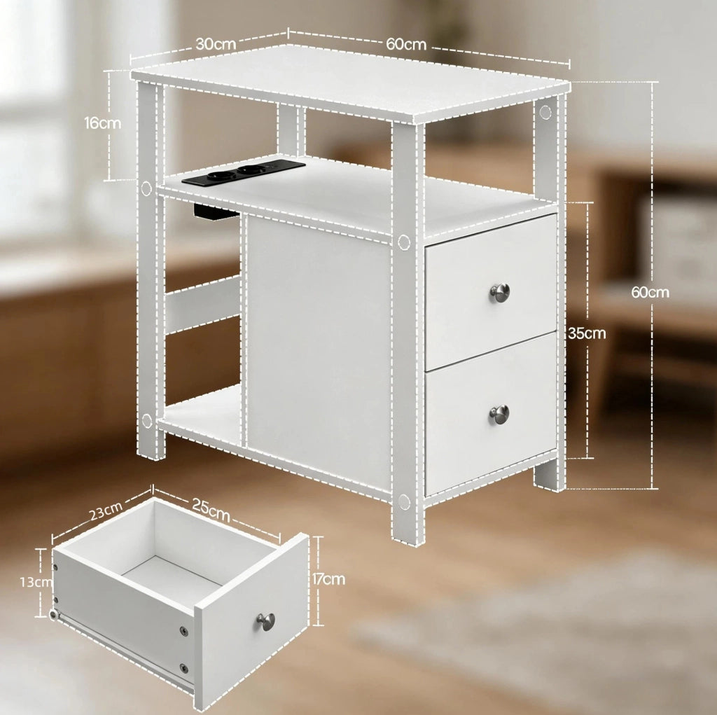 Tavolino laterale bianco con presa; 2 cassetti e ripiani; 60 x 60 x 30 cm