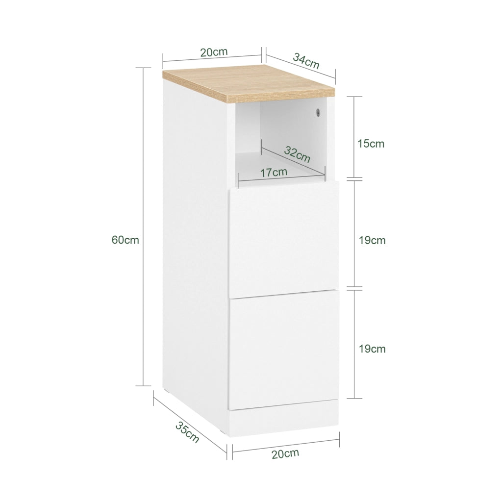 SoBuy Comodino Sottile comodino per camera da letto con 2 Cassetti e ripiano comodini per camera da letto e soggiorno Tavolino divano Bianco L20 x P35 x A60 cm FBT149-WN