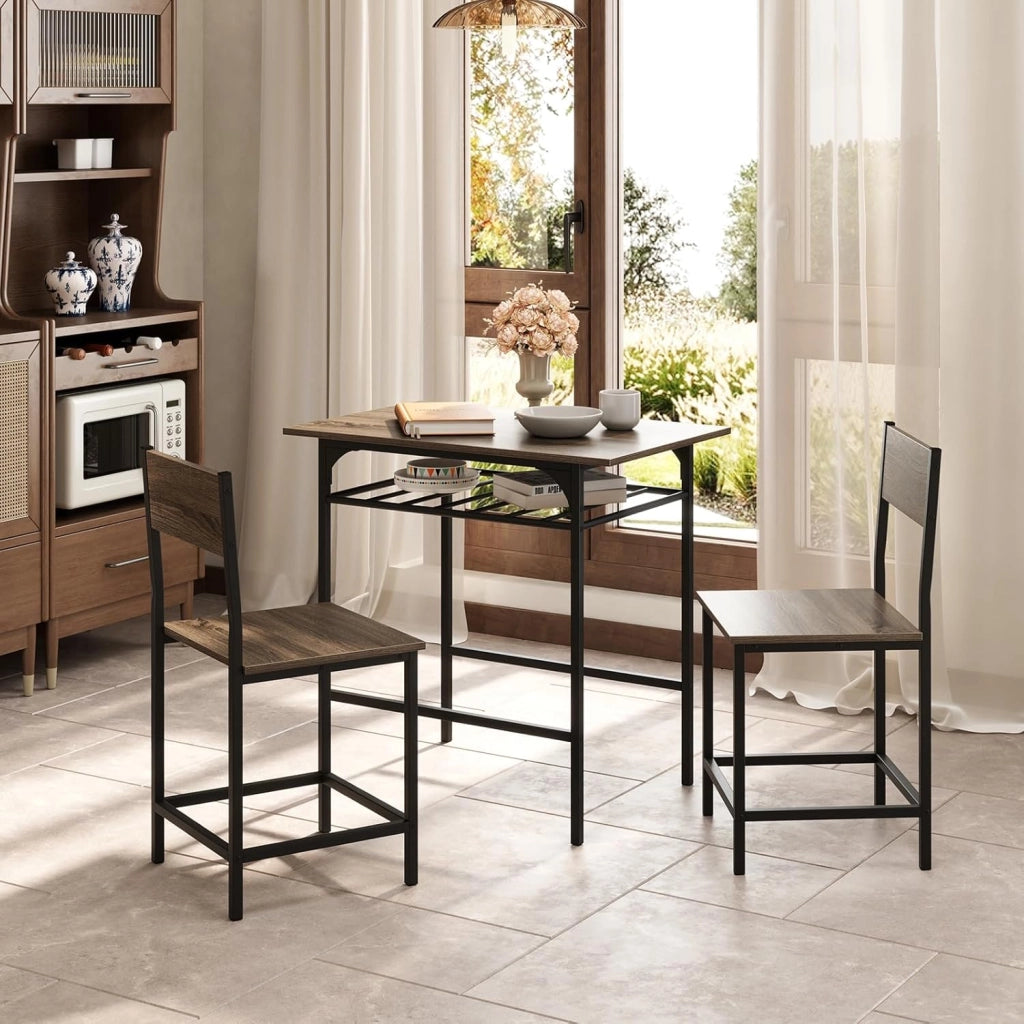 Set da pranzo 3 pezzi, tavolo da pranzo con ripiano per bottiglie e 2 sedie con schienale, design compatto, stile industriale, tavolo da colazione per 2 persone (grigio)