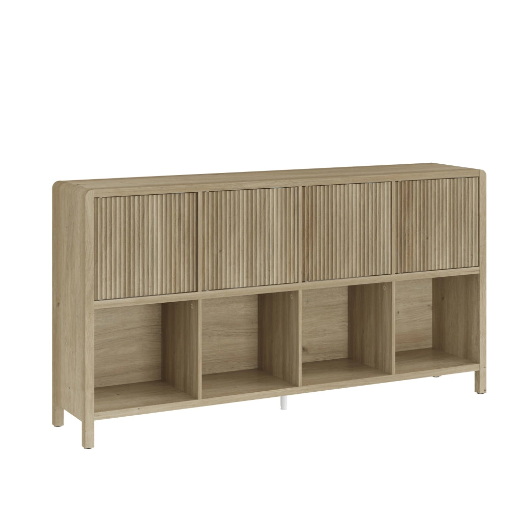 Credenza Bassa Lukkodso con 4 Ante e Scomparti Aperti 77x145x30 cm Effetto Rovere medio-chiaro [en.casa]