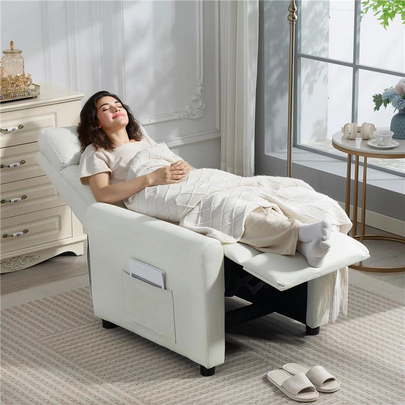 POLTRONA RECLINABILE 135¦ MAX IN TESSUTO EFFETTO LINO, SCHIUMA, ACCIAIO E LEGNO, 73X86X100 CM, BIANCO CREMA
