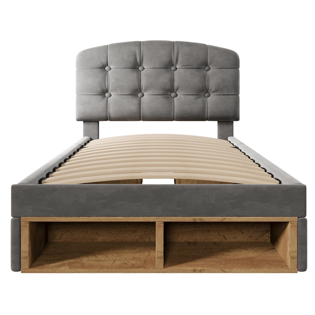 Letto singolo 90x200 cm, rivestito in velluto, testiera regolabile, 2 cassetti, grigio