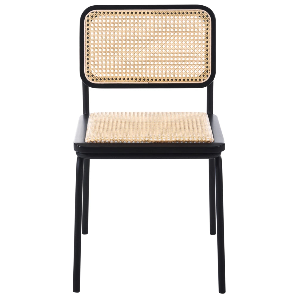 Set di 2 sedie da pranzo con seduta e schienale in rattan PE nero gambe in ferro senza braccioli cappucci protettivi design boho moderno