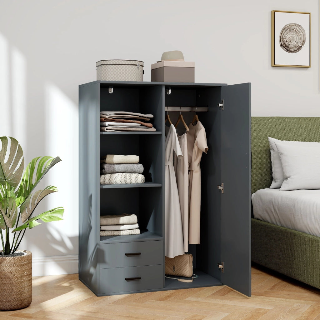Armadio Moderno 80x50x124 cm Appendiabiti Cassetti e Mensole in Truciolare Grigio Scuro