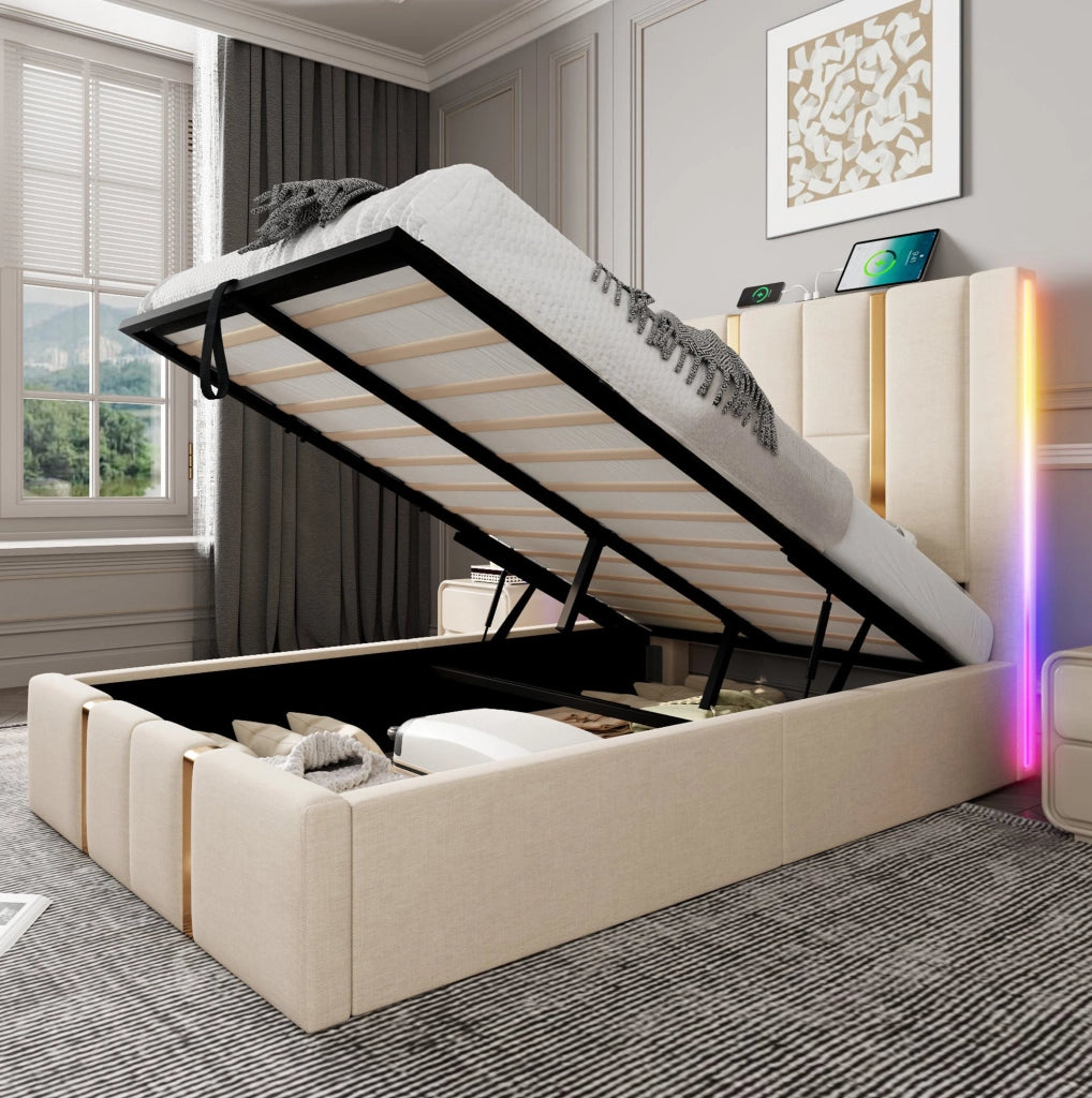 Letto imbottito 90x200 cm beige in lino con LED RGB; USB Type-C e contenitore