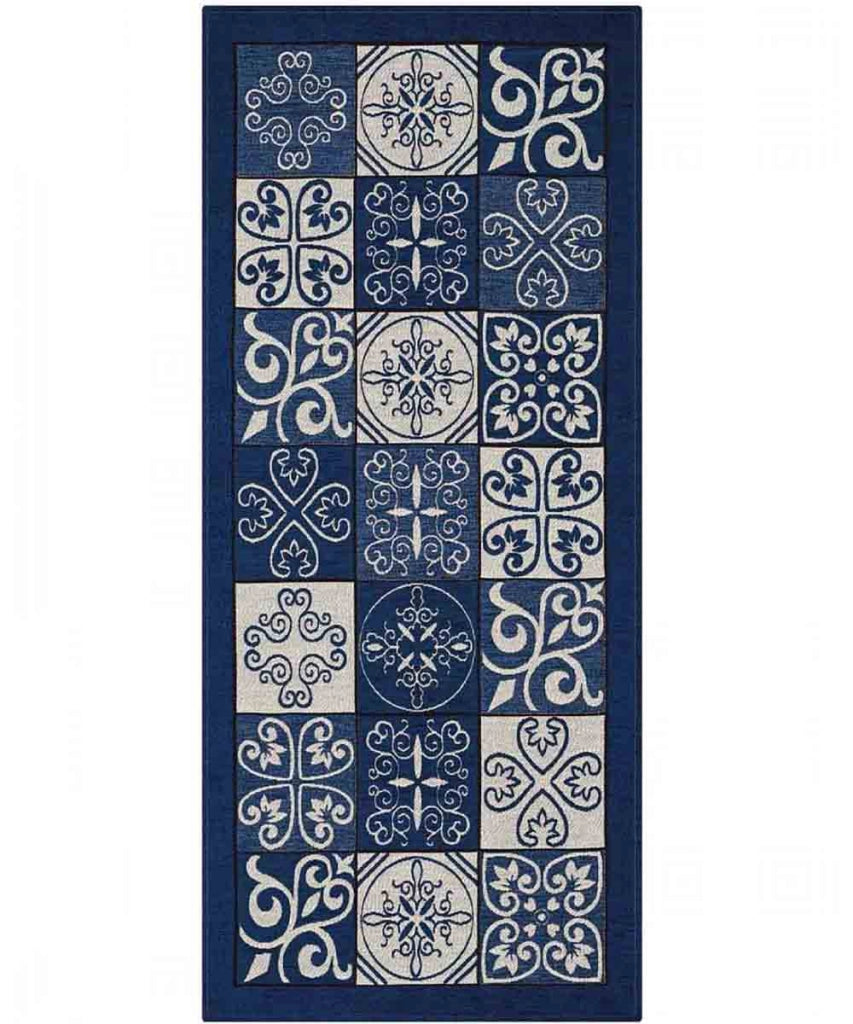 Tappeto disegno MAIOLICA BLU decorazione piastrelle ceramica, passatoia cucina multiuso lavabile in lavatrice e anti-scivolo cm.55x240