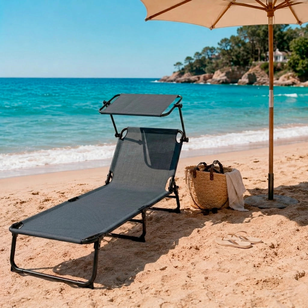 Set Di 2 Lettini Mare Pieghevoli Con Tettuccio Parasole Regolabile Schienale Reclinabile Sdraio Struttura In Acciaio Traspirante Ideali Per Spiaggia Giardino Campeggio Relax Estivo 24 x 187 x 53 Cm Grigio Scuro