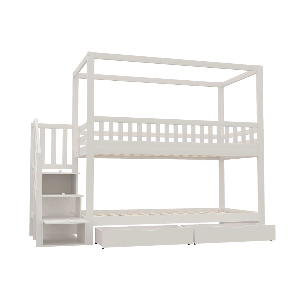 OKWISH Letto a castello 90×200 cm, Letto 2 Posti con Spondine di Sicurezza, Scala con Cassetti e 2 Cassetti, senza Materasso, Bianco