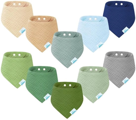 Set di 10 slittini per bambini, slittini a forma di triangolo, superassorbenti, 100% cotone, slittino per bambino, con 4 bottoni regolabili, per bambini maschi e femmine (tinte naturali verde)