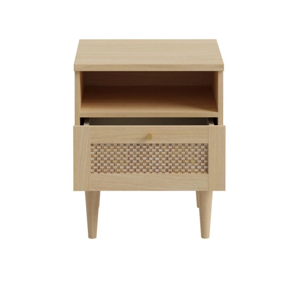 Comodino Livia 1 cassetto in rovere con dettaglio effetto rattan 45.4x41.4x54.5H