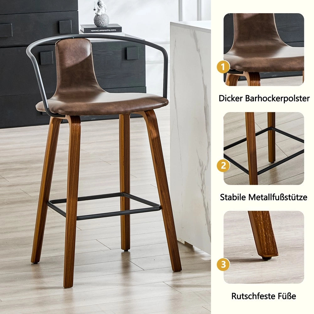 Set 2 Sgabelli da Bar con Braccioli ¨C MINIMAL ¨C Tessuto Teddy/Similpelle, Gambe in Legno, Poggiapiedi in Metallo