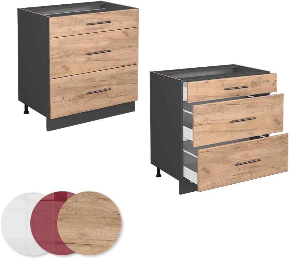 Mobiletto base per cucina Fame-Line, Quercia dorata, 80 cm con 3 cassetti, senza piano di lavoro, per la combinazione con altri moduli della serie Fame-Line