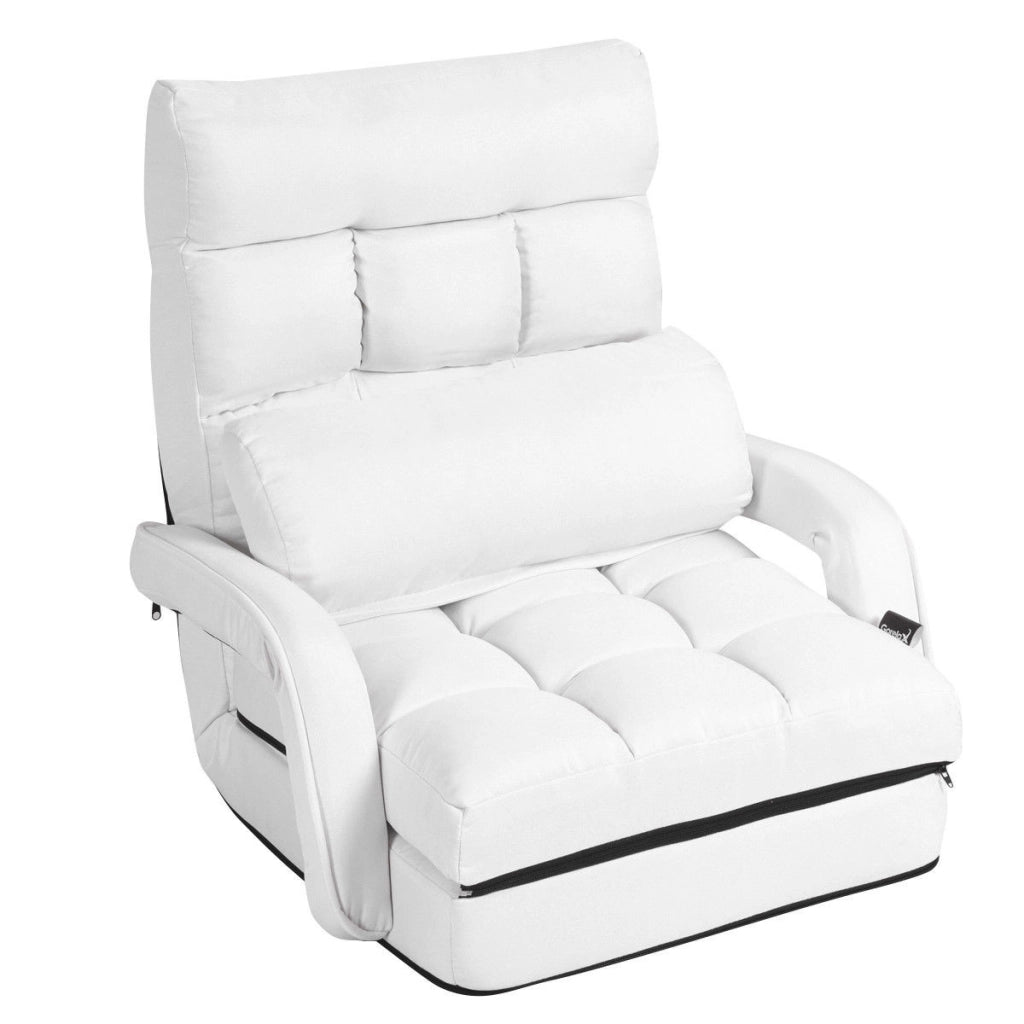 Divano letto in tessuto regolabile in 5 livelli con braccioli e cuscino pieghevole da terra, 173x67x12cm Bianco