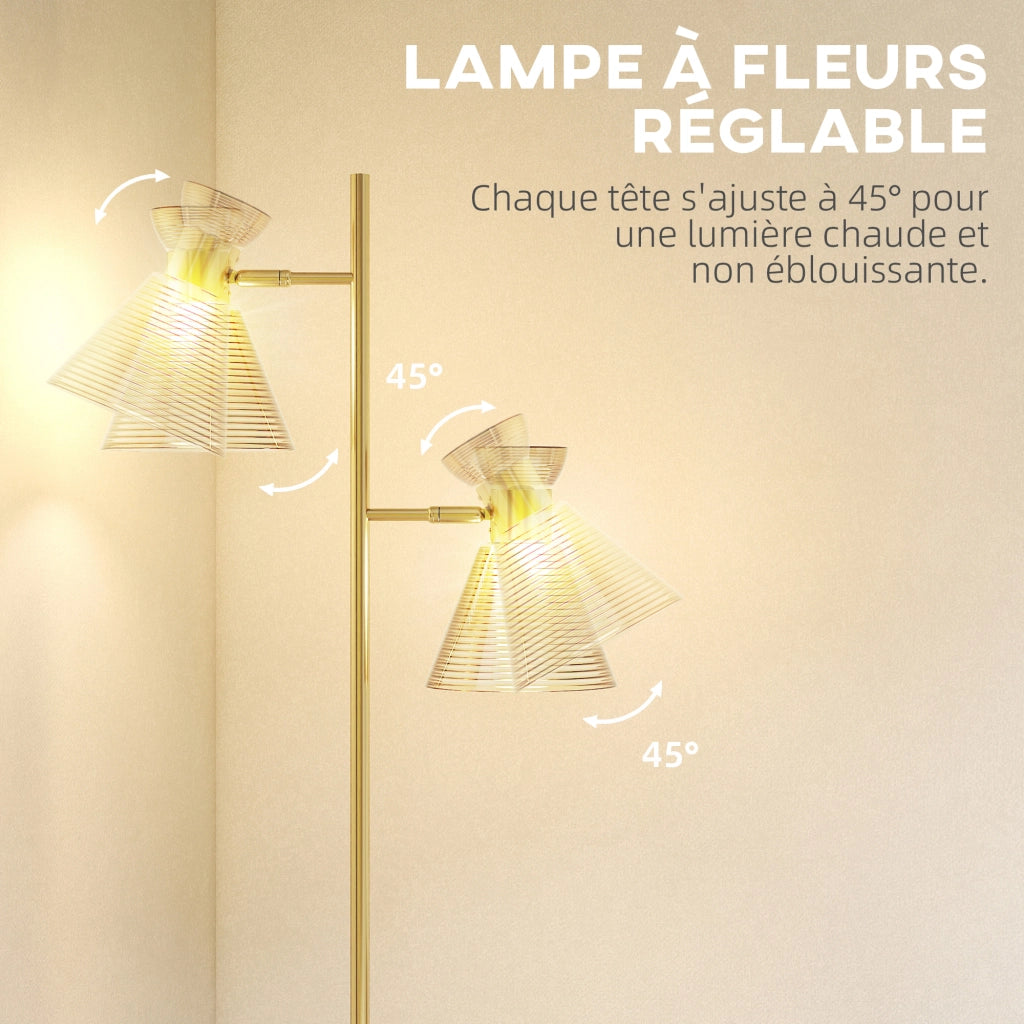 Lampada da Terra Doppia Testa Regolabile ¨C Xylo ¨C Paralume Vetro Floreale Dorato 42x25x165cm