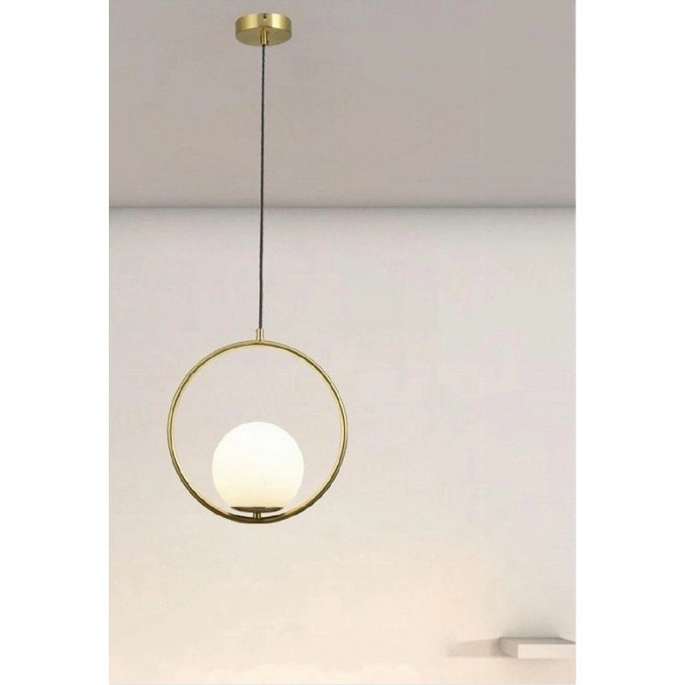 Trade Shop - Lampadario A Sospensione Cerchio Metallo Con Sfera Vetro Bianco Attacco E27 Oro 32811 -