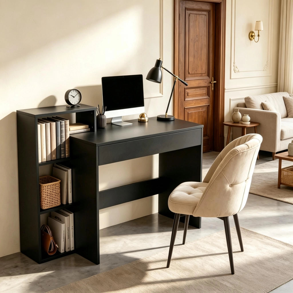 SCRIVANIA CON 3 RIPIANI APERTI E CASSETTO 100x40x90 cm Nera