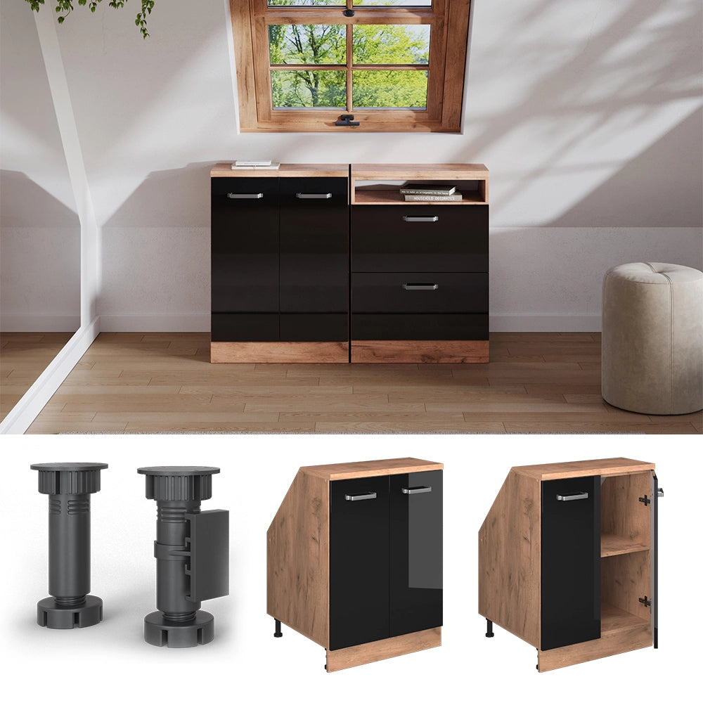 Mobile sottotetto Rion Nero lucido/Rovere dorato 60 x 83.8 cm con 2 porte, carcassa 60 cm profondità Vicco
