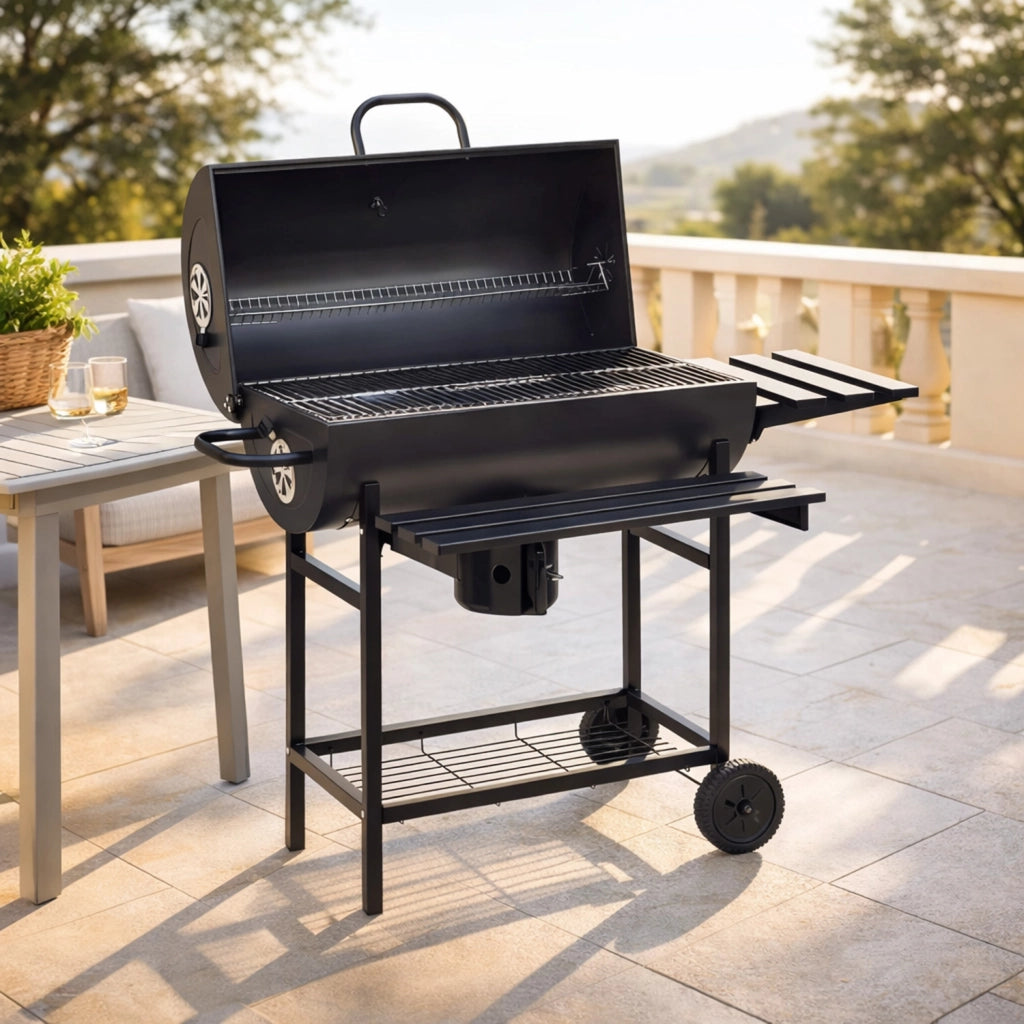 Barbecue A Carbone Con Coperchio Termometro Integrato Grill BBQ In Acciaio Nero