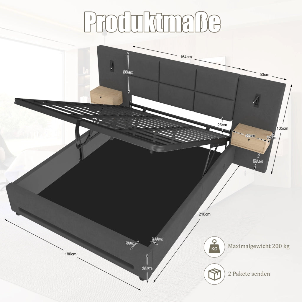 Letto imbottito 180x200 cm con contenitore; LED; USB-C e cassetti in velluto grigio scuro