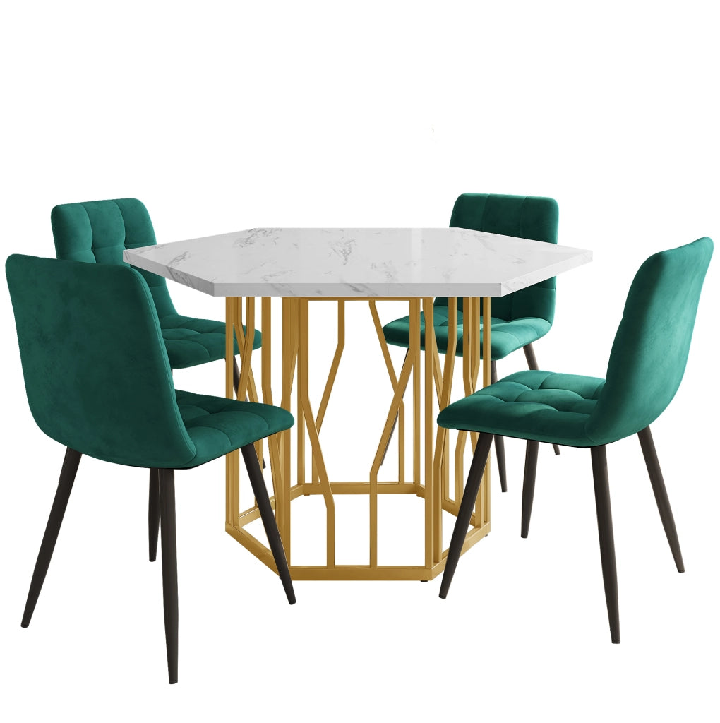 Tavolo da pranzo esagonale con piano effetto marmo in MDF e struttura in metallo