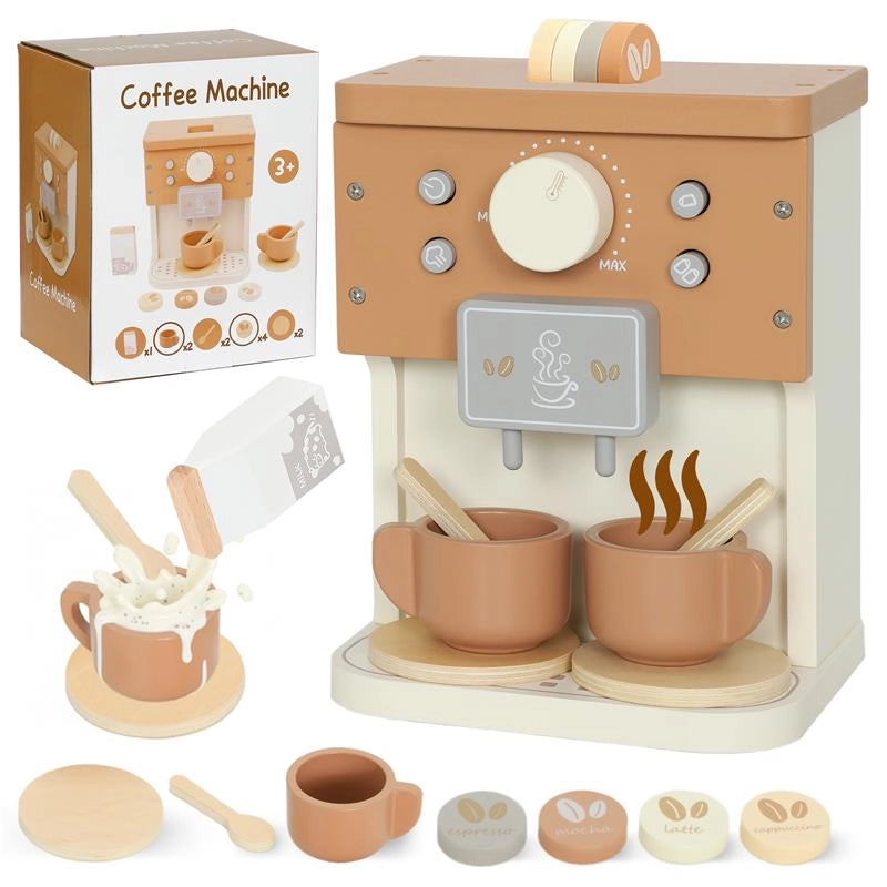 SET MACCHINA DEL CAFFÞ GIOCATTOLO IN LEGNO PER BAMBINI DA 3 ANNI CON ACCESSORI, MARRONE