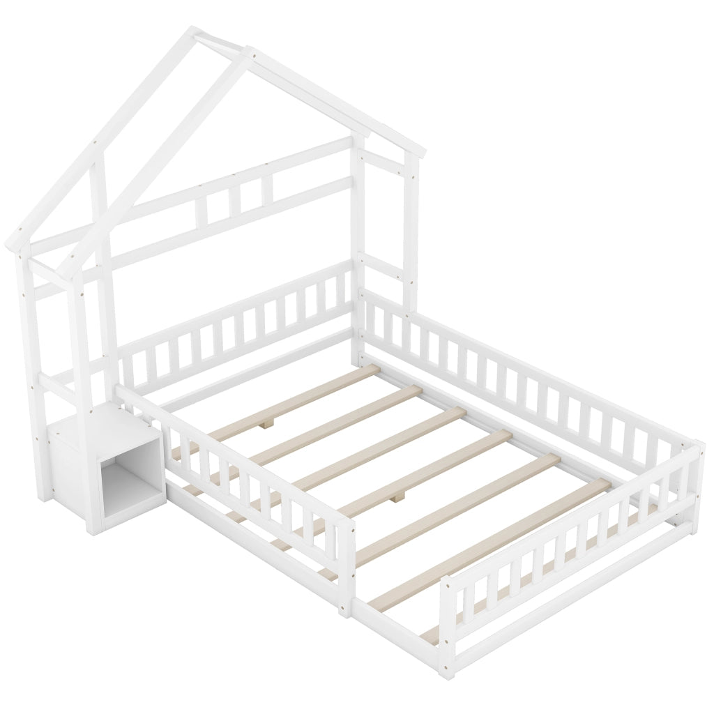 OKWISH Letto a Casetta 140×200 cm, Letto Matrimoniale con Sponda 31 cm e Comodino, senza Materasso, in Pino, Bianco
