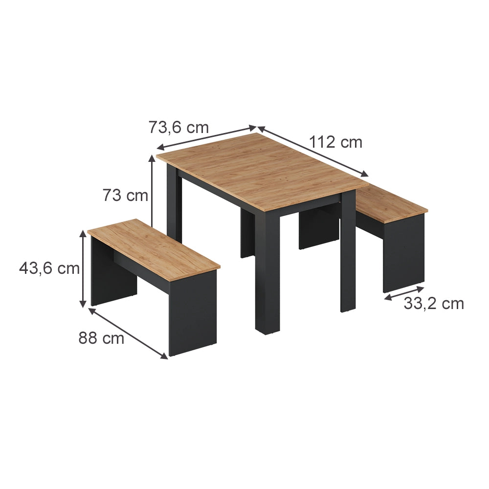 Vicco Set di tavoli da pranzo Antracite/quercia dorata 112 x 73.6 cm con 2 panche