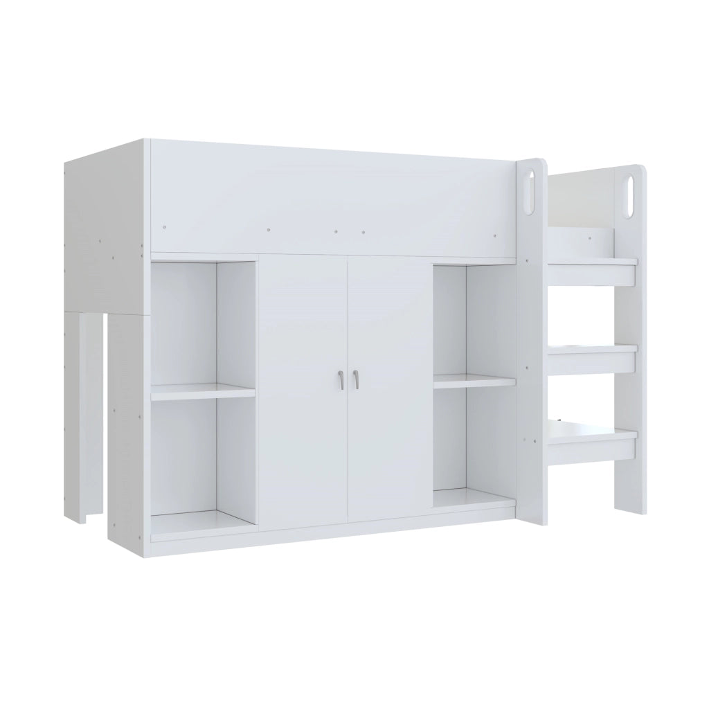 LETTO A CASTELLO 90 x 200 cm con scala, armadio e ripiani, bianco