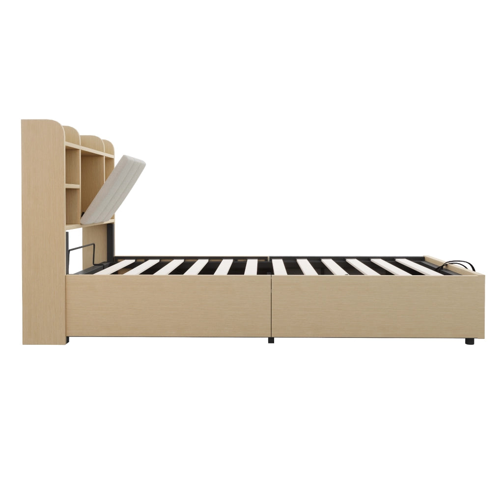Letto singolo 90x200 cm con contenitore idraulico, testiera con ripiani e prese USB/Type-C