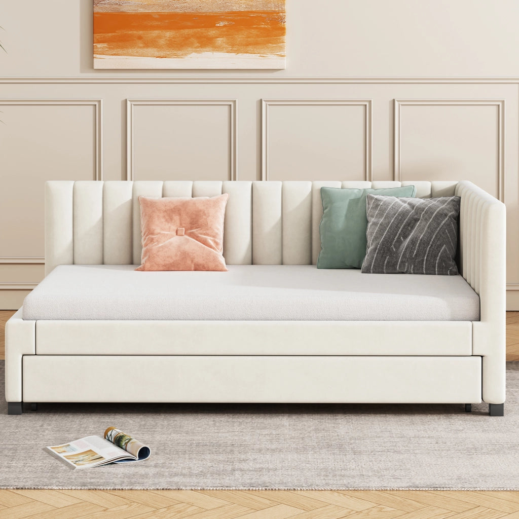 LETTO imbottito estraibile 90x200 cm in velluto beige con rete a doghe