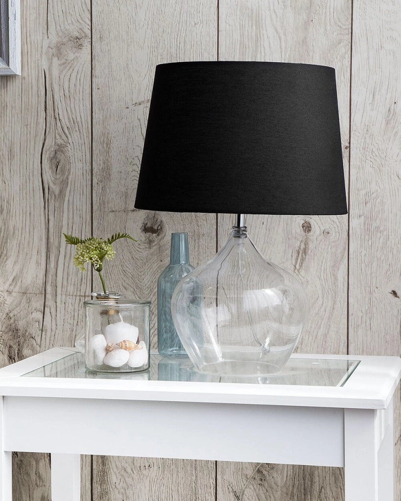 Lampada da Tavolo Trasparente e Nero Base in Vetro Paralume Tamburo in Poliestere Design Moderno