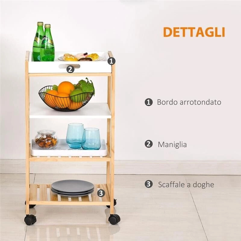 CARRELLO DA CUCINA A 4 LIVELLI LEGNO DI PINO 40X30X76 CM BIANCO E MARRONE