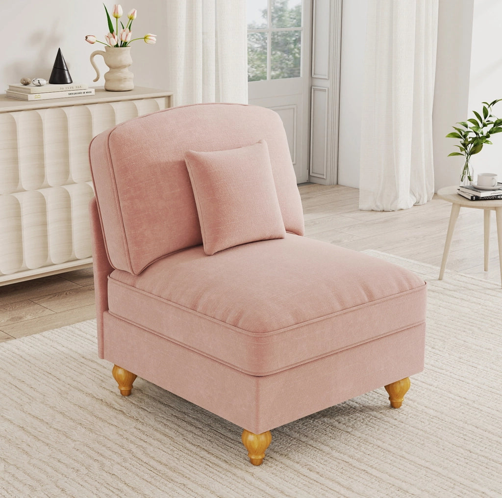 Divano senza braccioli in ciniglia rosa con pouf e cuscino HOMVRA
