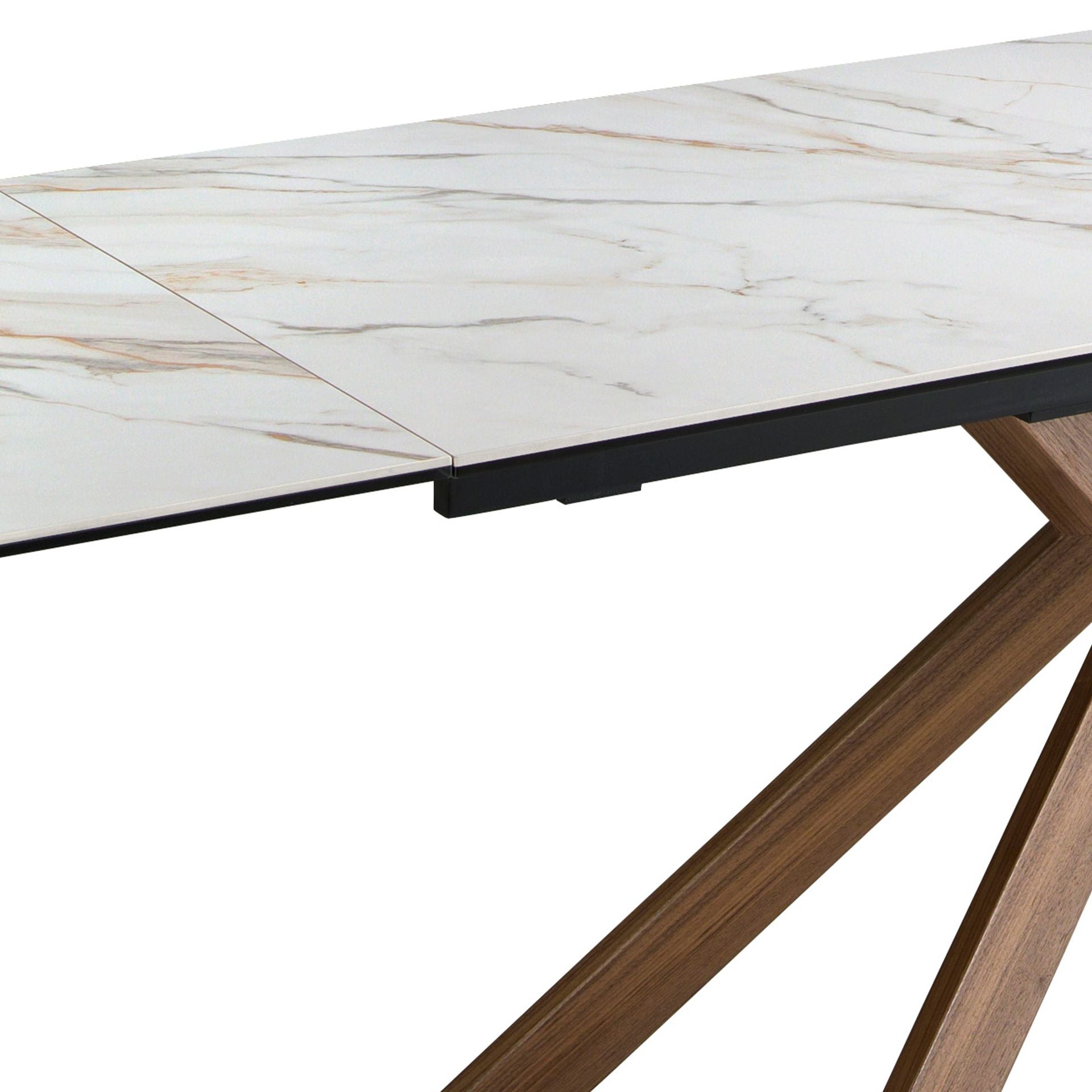 Tavolo da pranzo rettangolare allungabile in marmo porcellanato e acciaio effetto noce